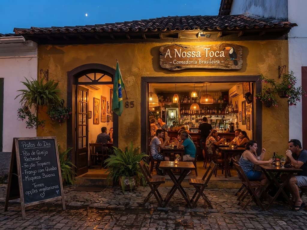 Warmly lit Brazilian restaurant exterior at dusk